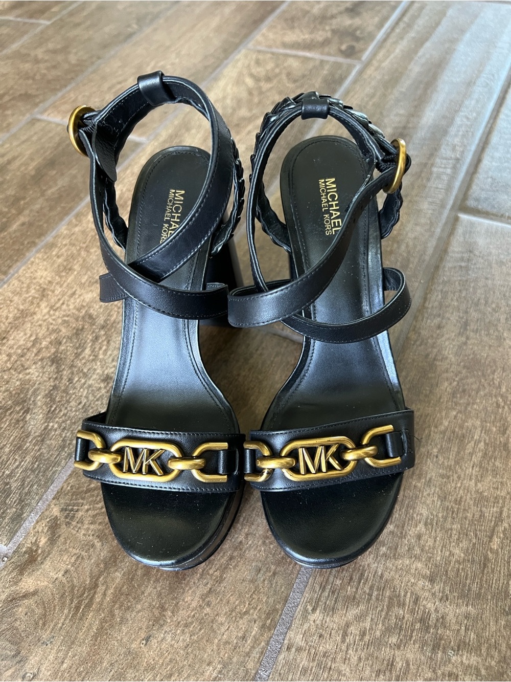 Michael Kors Kailey Black Leather Sandals with Gold MK Chain